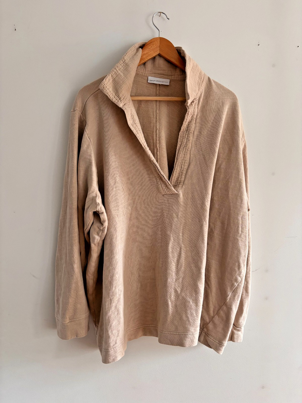 Pure Jill J Jill Popover Top L/XL Tan Organic Cotton Long Sleeve V Neck Collar